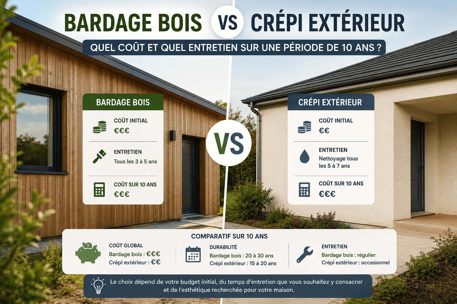 Bardage bois vs crépi extérieur coût et entretien à 10 ans
